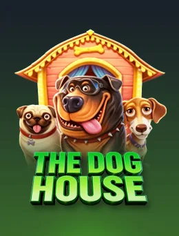 The Dog House ဂိမ်းကတ်ပုံ – ခွေးအိမ်ရှေ့တွင် Rottweiler၊ Pug နှင့် Beagle ခွေးသုံးကောင်နှင့် THE DOG HOUSE စာသား