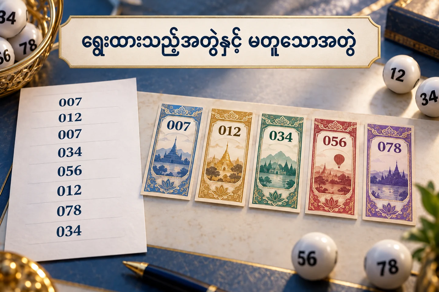 ရှစ်ကြောင်းစာရင်းရှိ 007၊ 012၊ 034၊ 056၊ 078 မတူသည့်ဂဏန်းငါးခုကို နှိုင်းပြသည့် သရုပ်ဖော်ပုံ။