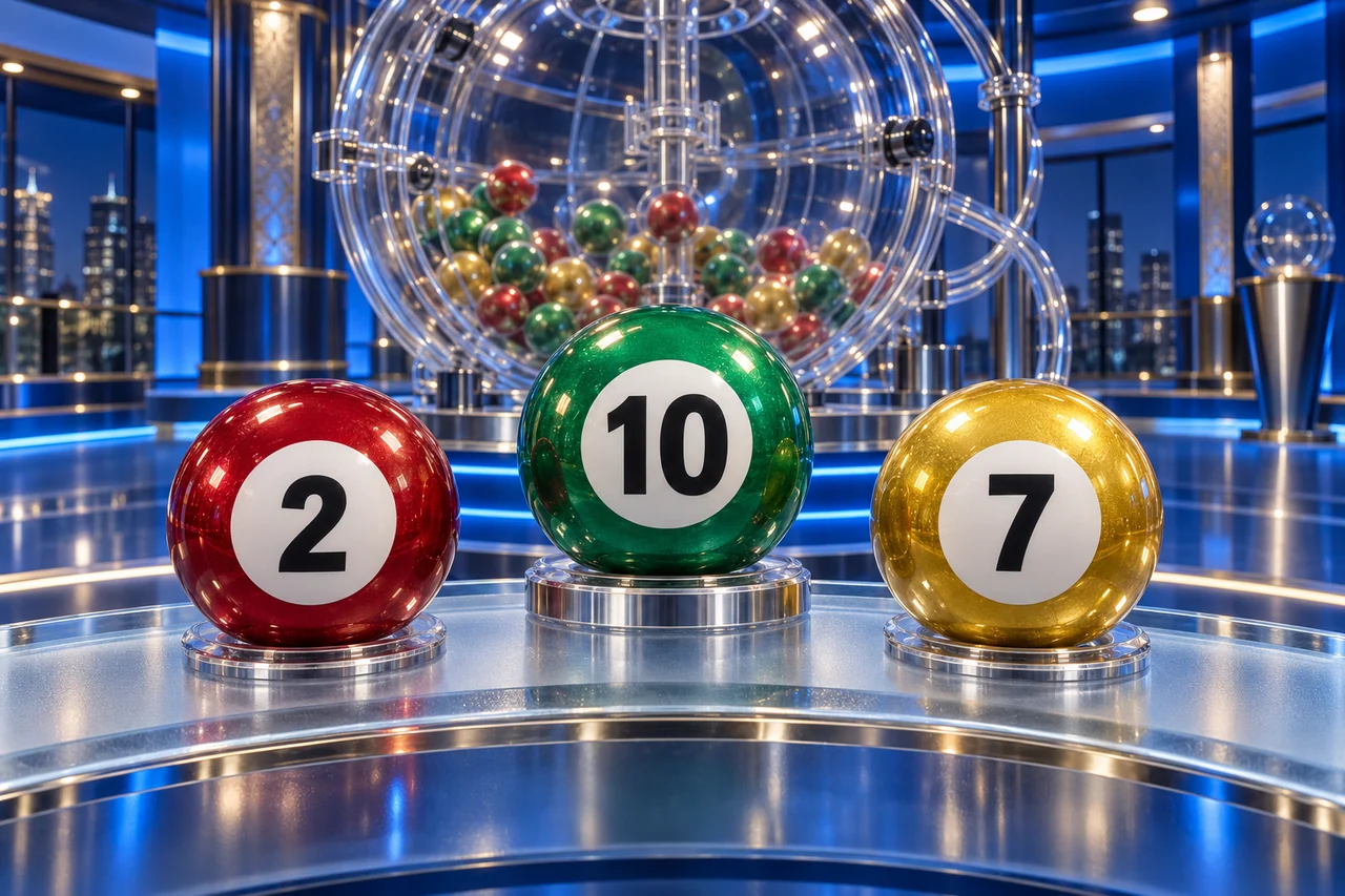 Three crisp lottery balls labelled 2, 10 and 7 stand before a detailed blue-lit draw machine.