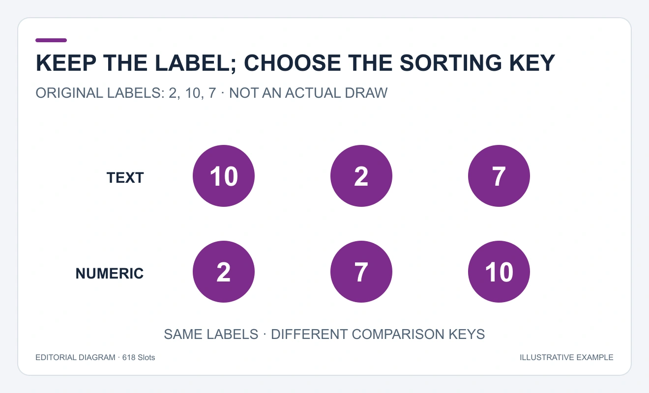 Two rows show text order 10, 2, 7 and numeric order 2, 7, 10 with the same three labels.